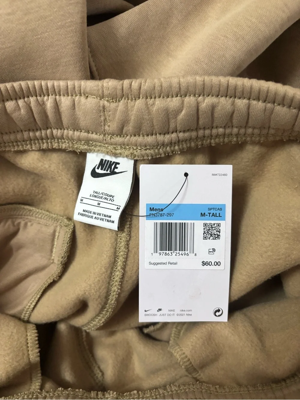 Nike Sportswear Fleece Men's Jogger Pants Tan FN3787-297 Size Medium Tall